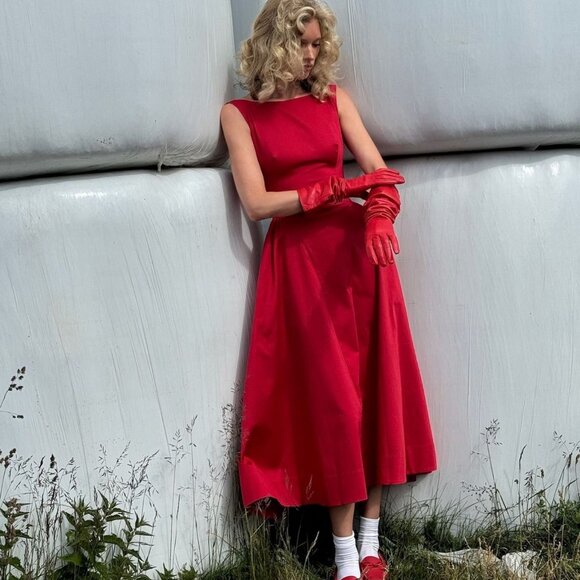 Helsa Stretch Cotton Sateen Midi Dress in Red Small New Womens Aline Fit n Flare - Picture 15 of 16